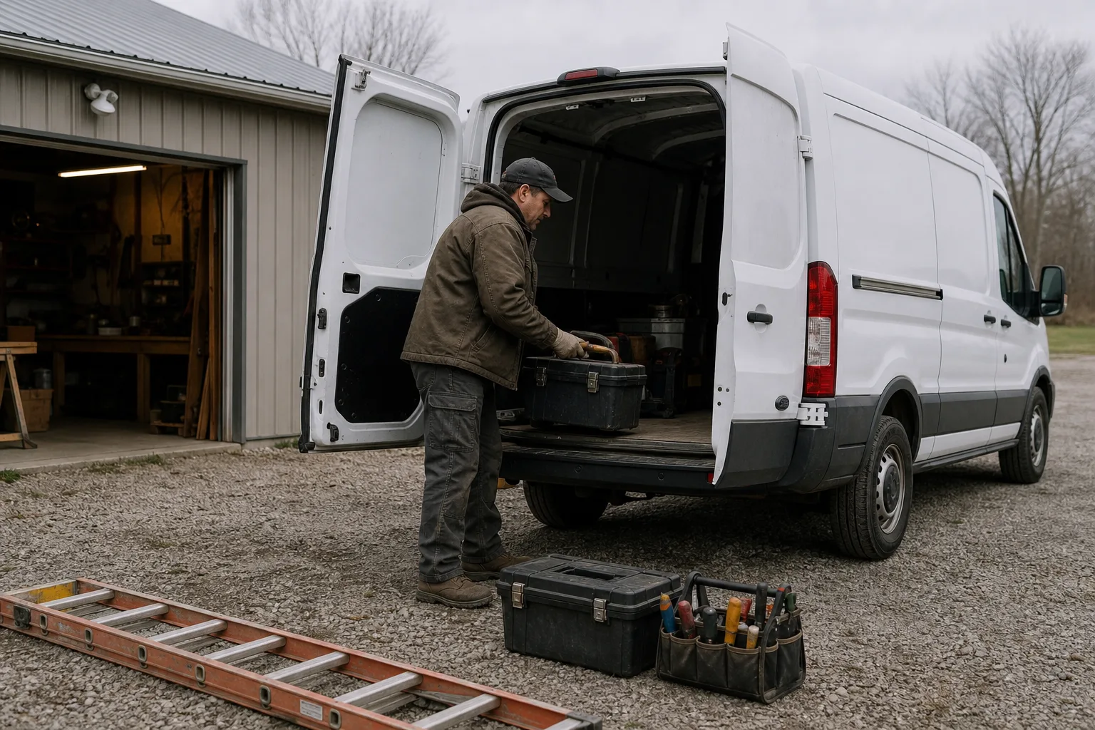 Self-employed tradesperson loading tools into a vehicle in northeast Indiana
