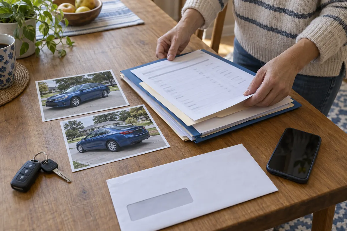 Car keys, a file, and vehicle photographs organized on a wooden table