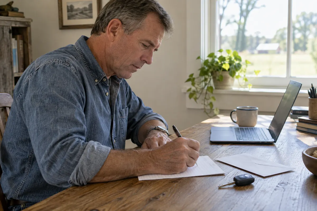 Hands writing a short narrative beside a laptop and envelope