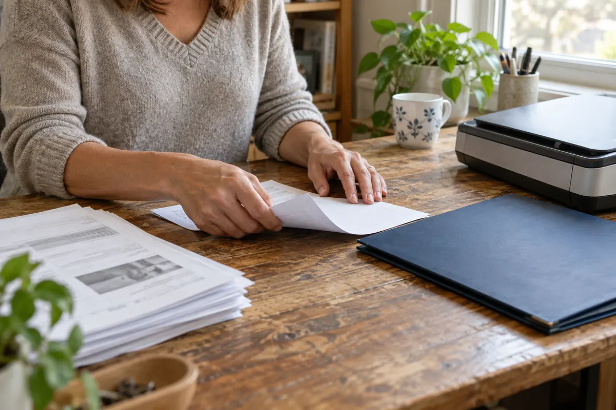Hands sorting copied documents beside a desktop scanner