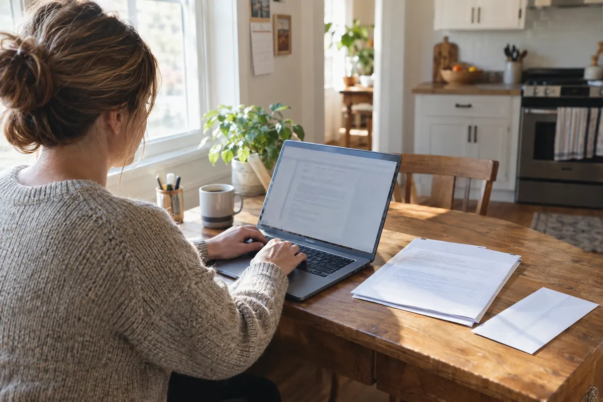 Woman using a laptop beside a paper complaint packet