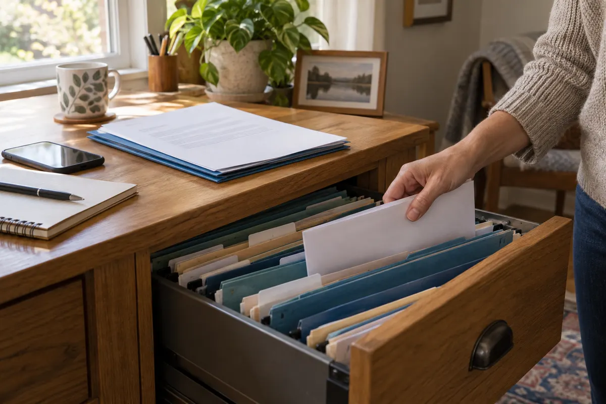 Hand placing a letter into an organized follow-up file