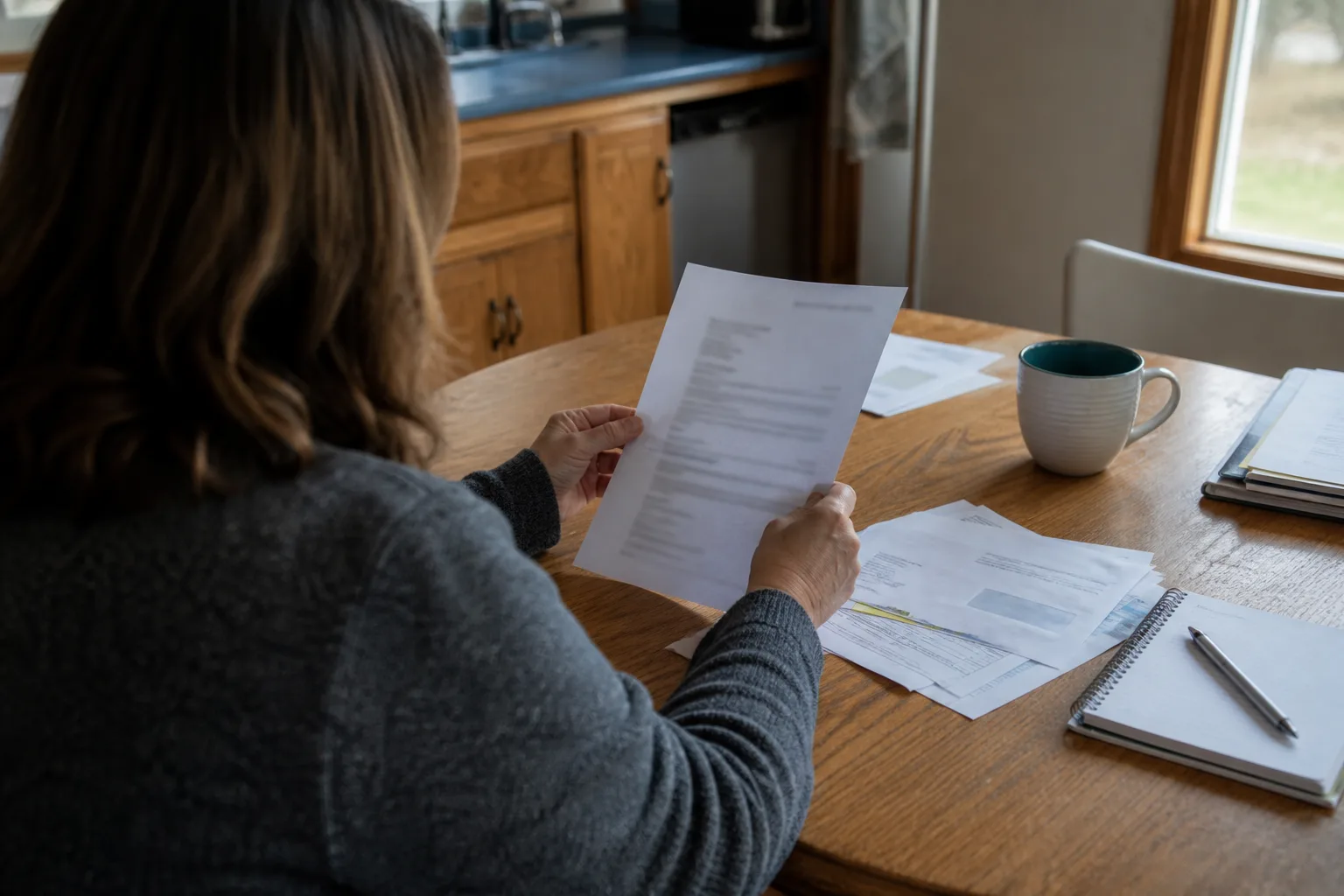 Driver reviewing an insurance-verification letter at a kitchen table