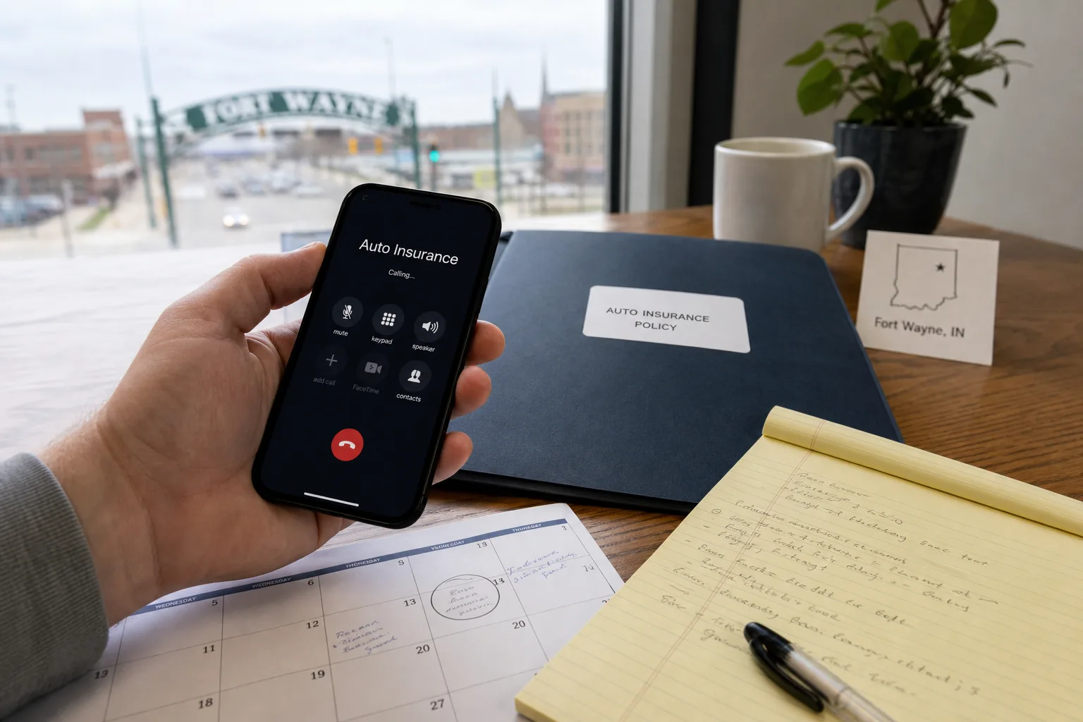 Person calling an insurer with policy papers and a calendar nearby
