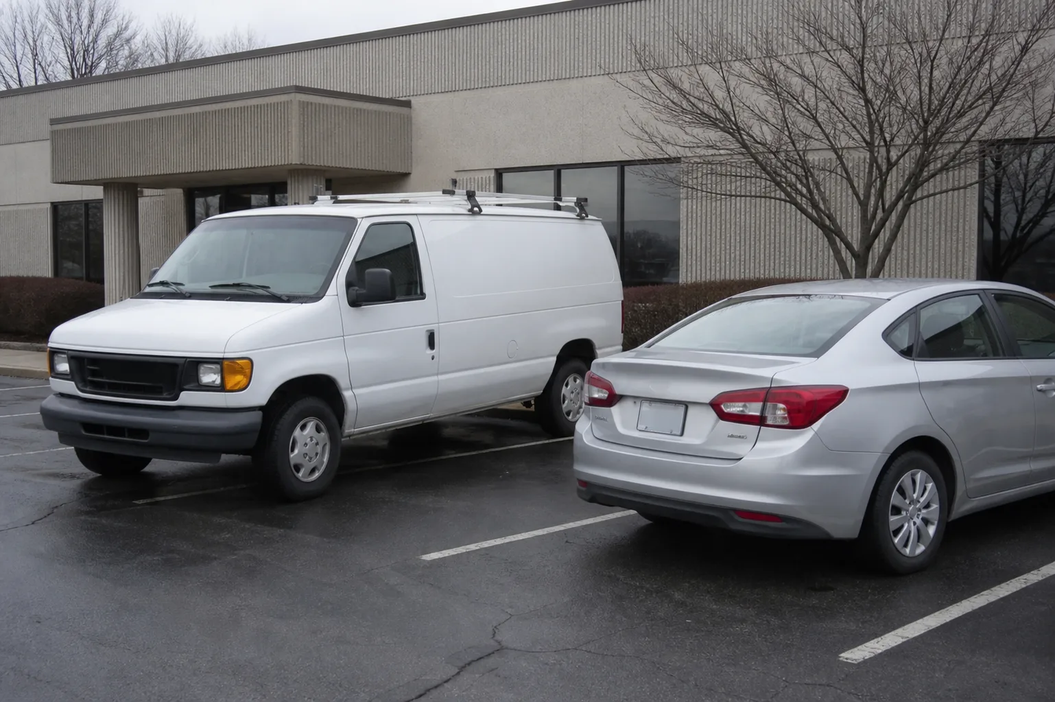 Company and rental vehicles parked outside an Indiana office