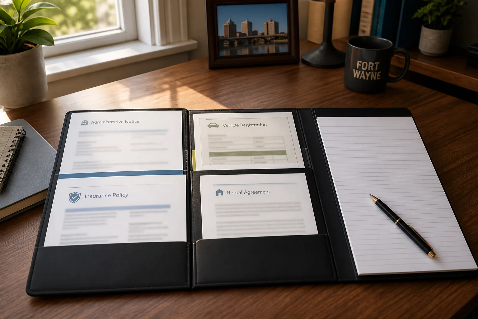 Organized insurance, vehicle, and rental documents in a folder