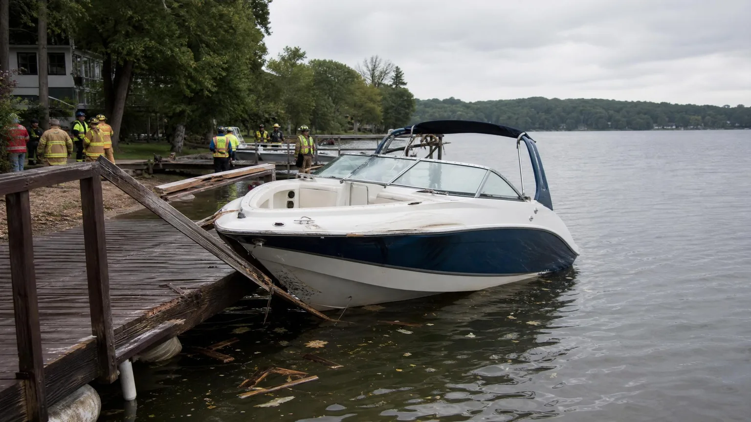 Damaged recreational boat beside a dock after a non-graphic Indiana boating accident