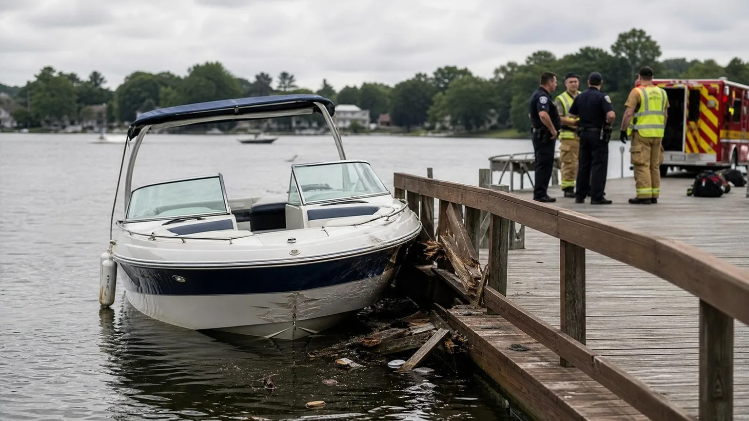 Pontoon boat and small fishing boat after a lake collision with floating life jackets nearby