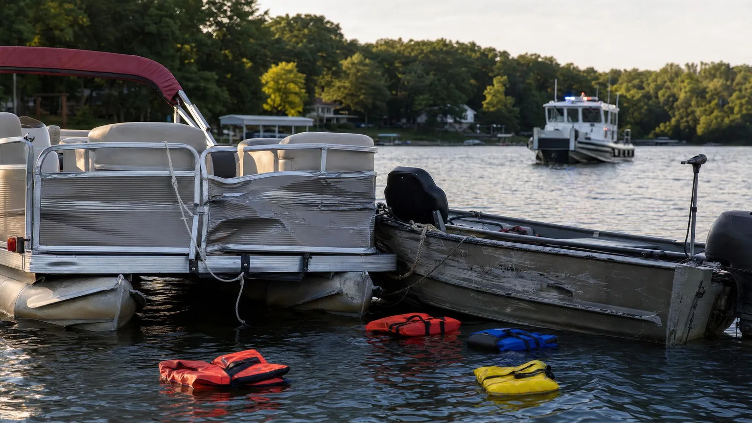 Sheriff marine patrol responding to a damaged boat collision on an Indiana lake