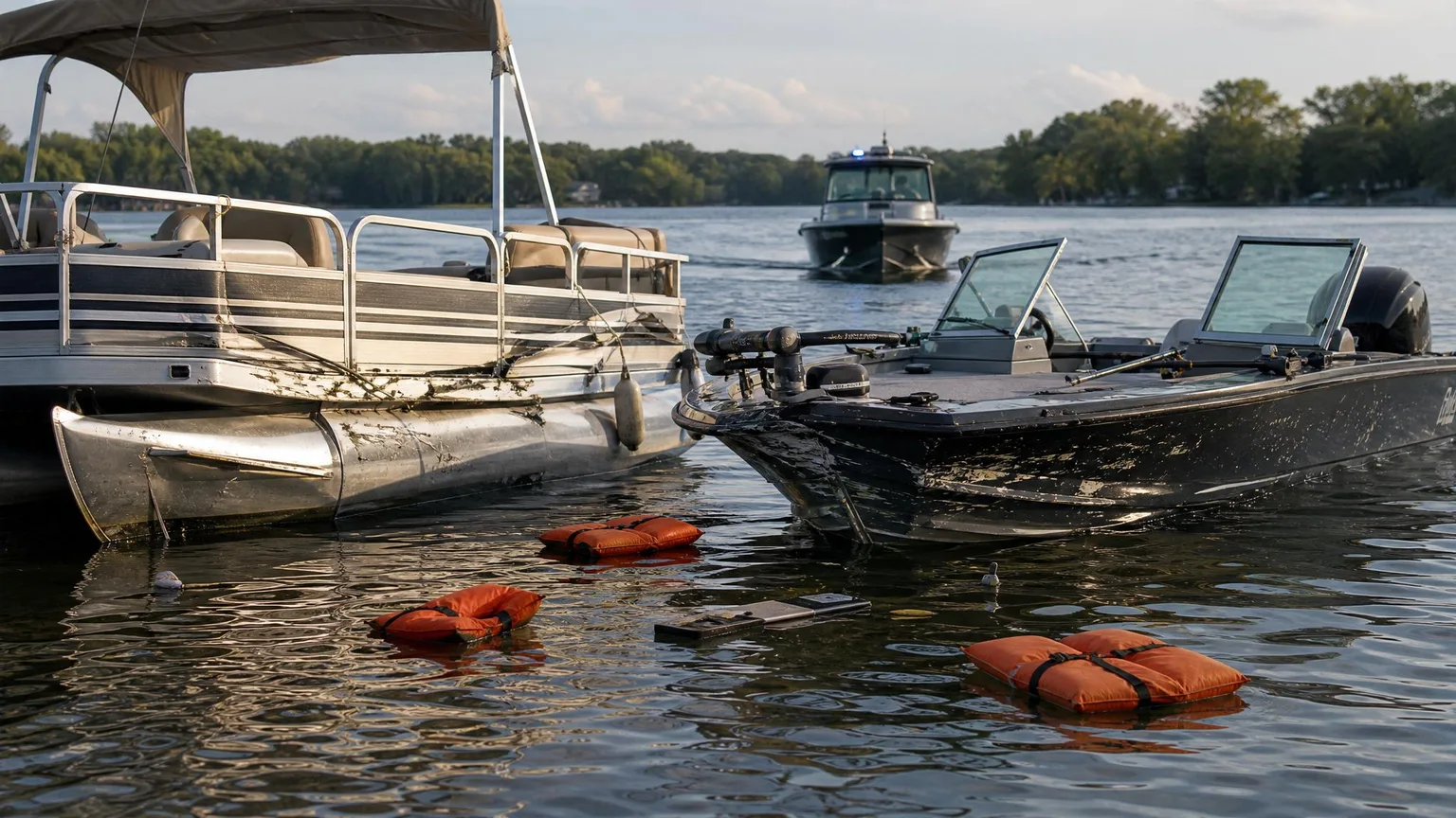 Life jackets and floating debris near damaged boats after a non-gruesome boating accident
