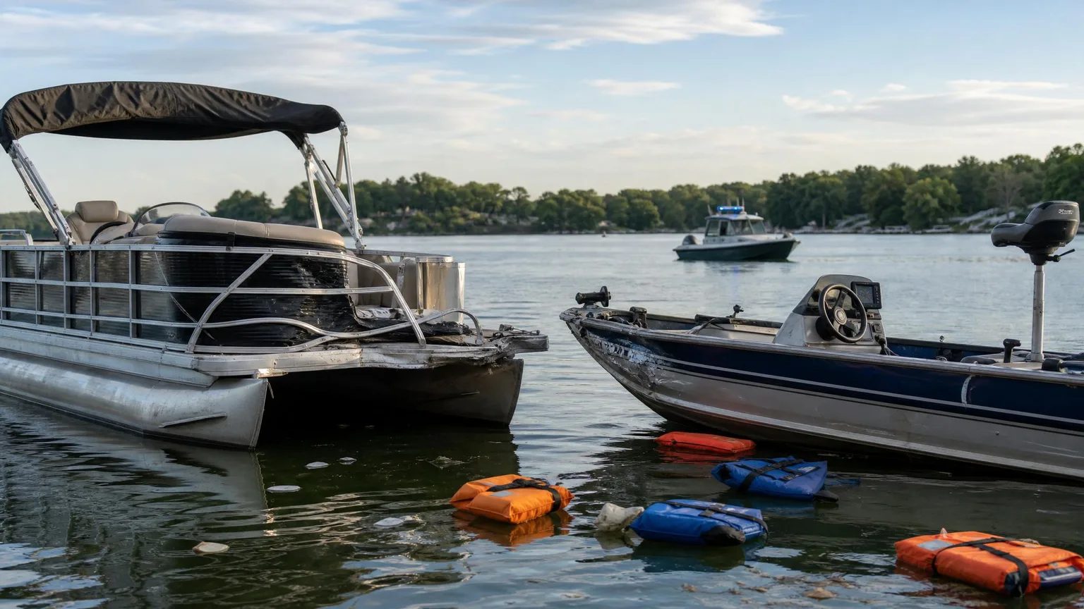 Indiana lake boating accident aftermath with damaged vessels and emergency response nearby