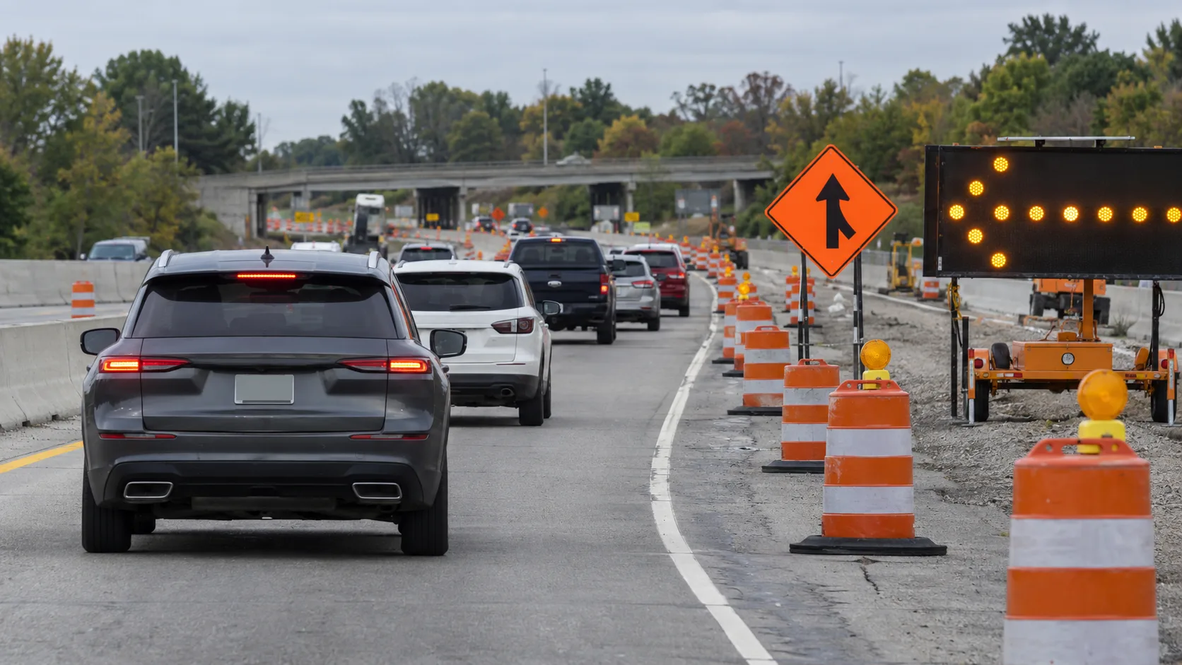 Traffic approaching a temporary lane merge in a northeast Indiana construction zone