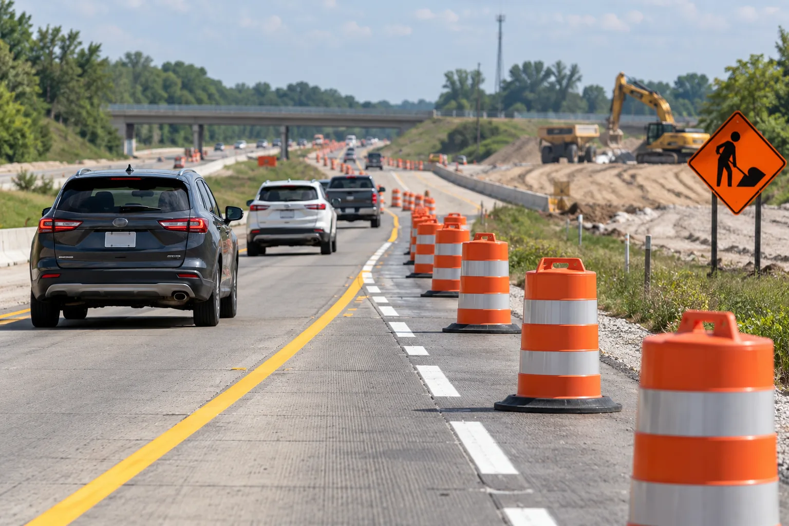 Temporary traffic barrels and pavement markings guiding vehicles through an Indiana work zone