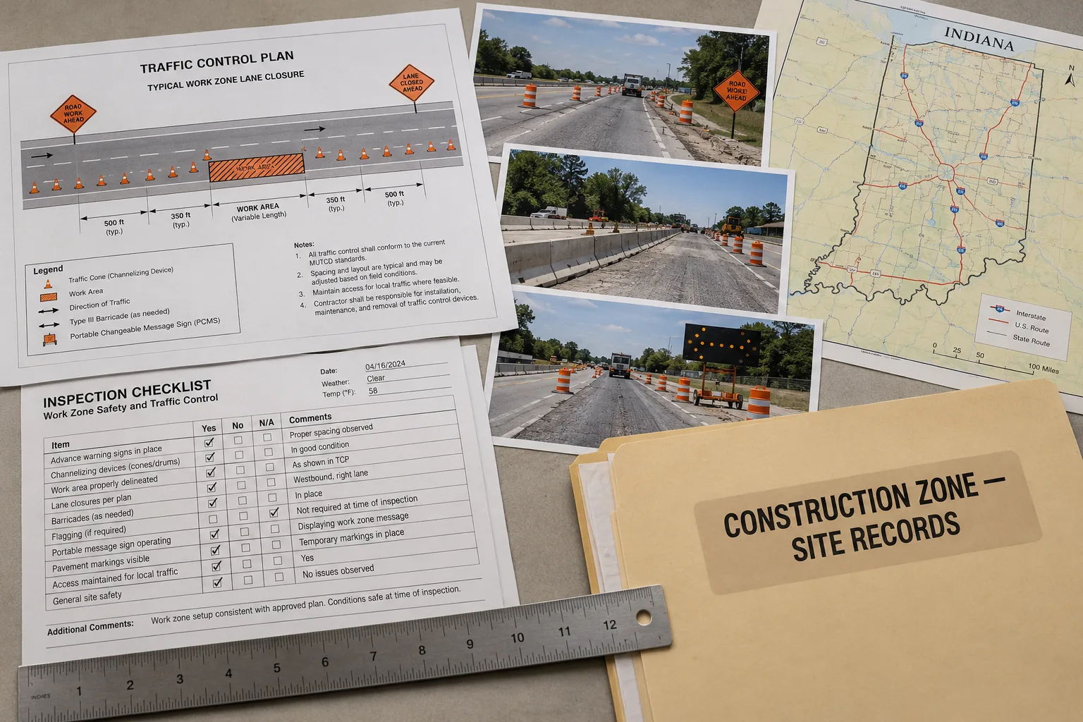 Traffic-control plan, site photographs, and inspection records organized for review