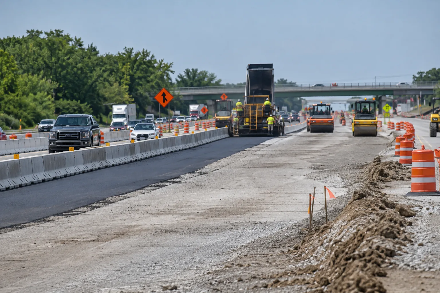 Temporary barriers and lane-control signs at an Indiana highway project