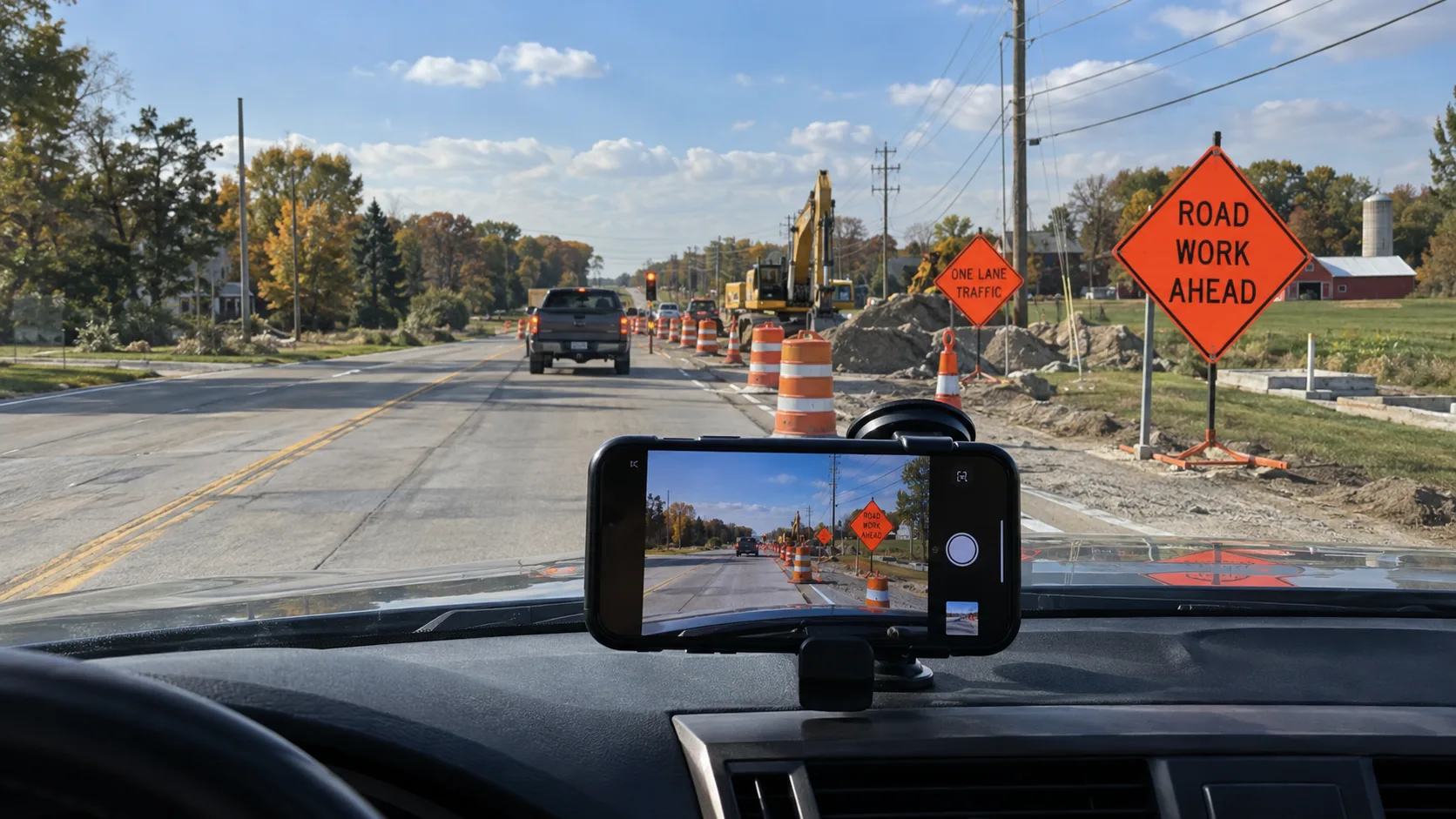 A parked motorist documenting signs and lane markings near an Indiana construction zone