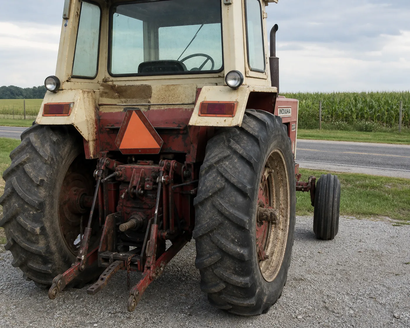 Slow-moving-vehicle emblem and rear warning lights on a farm tractor beside an Indiana county road.