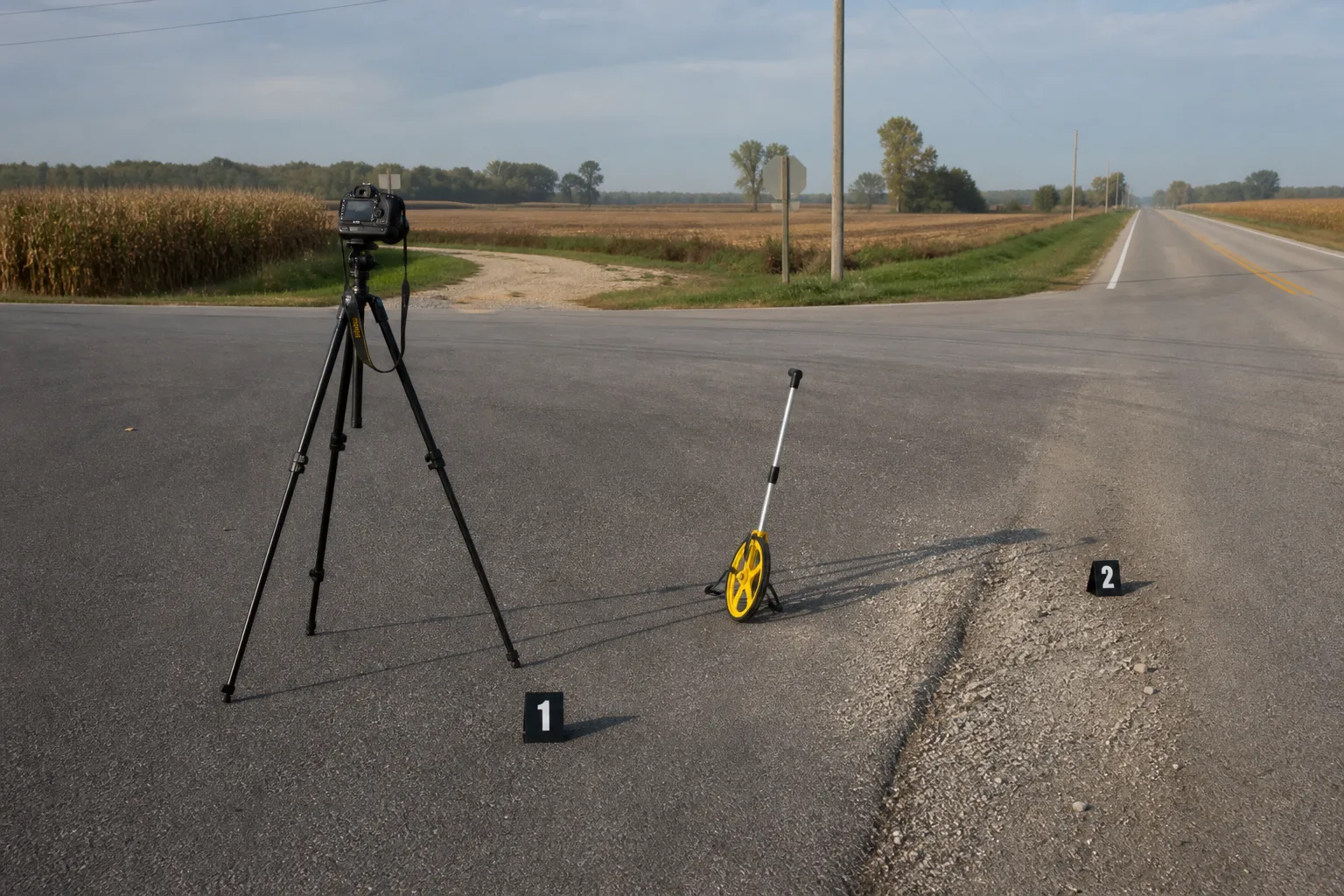 Camera and measuring wheel documenting a rural Indiana roadway and field entrance.