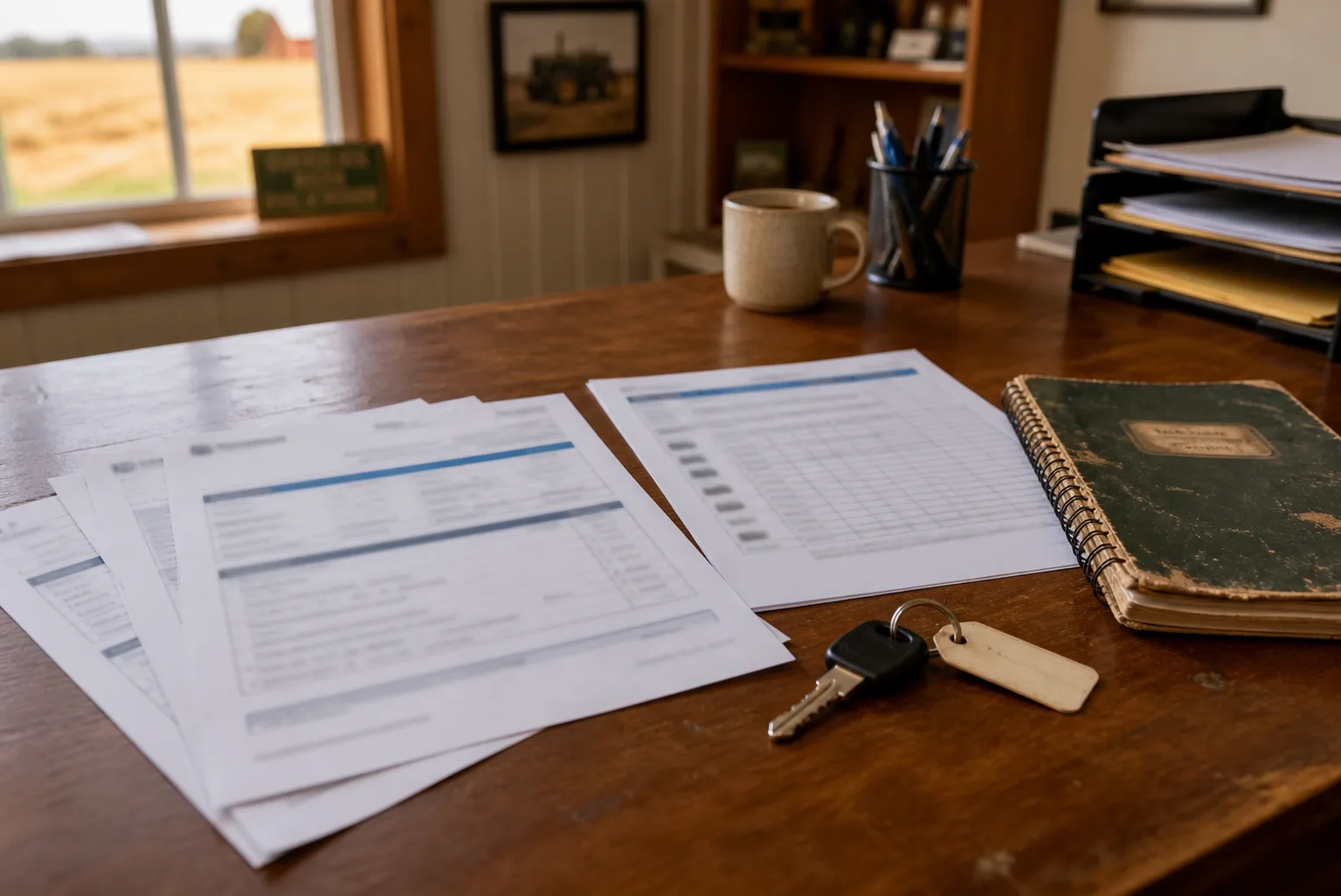Farm insurance documents and an equipment schedule arranged on a rural Indiana office desk.