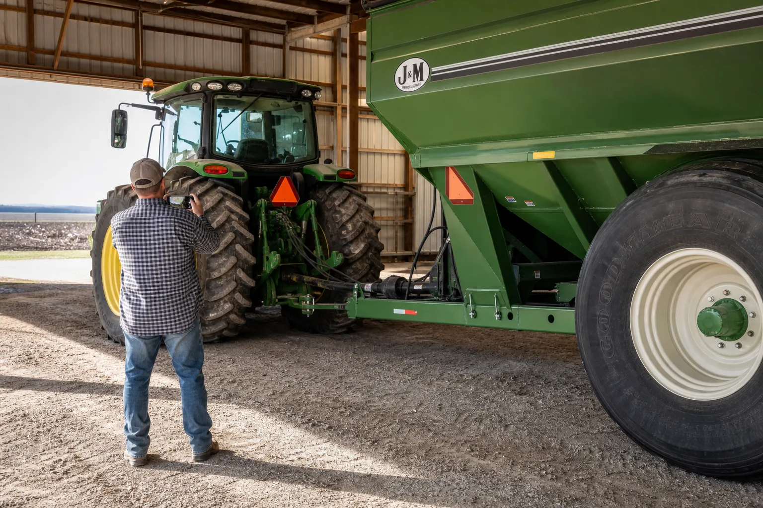 Person photographing a tractor hitch, grain wagon, and reflectors inside an Indiana equipment shed.