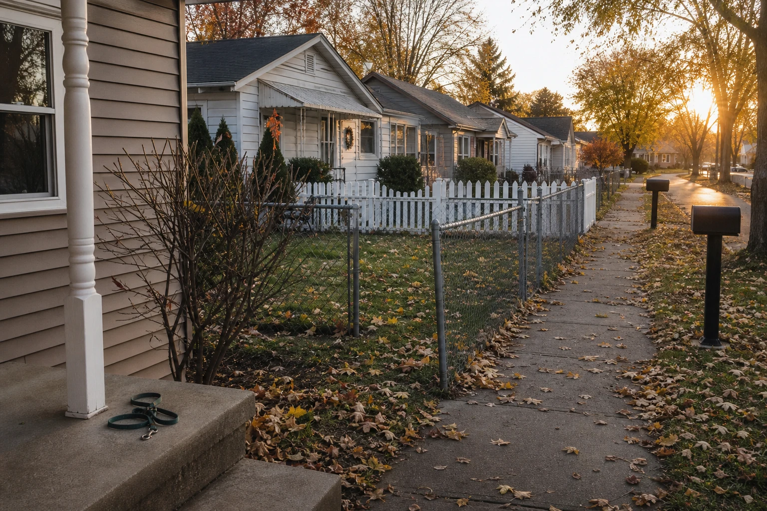 Quiet Fort Wayne residential street with fenced front yards, mailboxes, autumn light — the everyday neighborhood where most Indiana dog-bite cases originate under <a href=