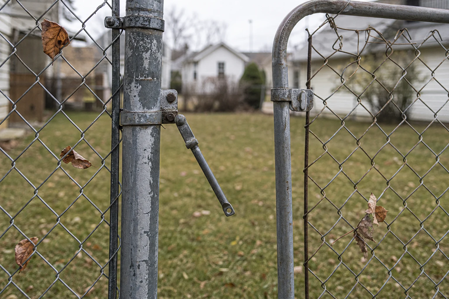 Broken chain-link gate latch on a Fort Wayne backyard fence — the kind of premises evidence a Fort Wayne dog bite attorney photographs when the owner argues the victim was trespassing under the <a href=