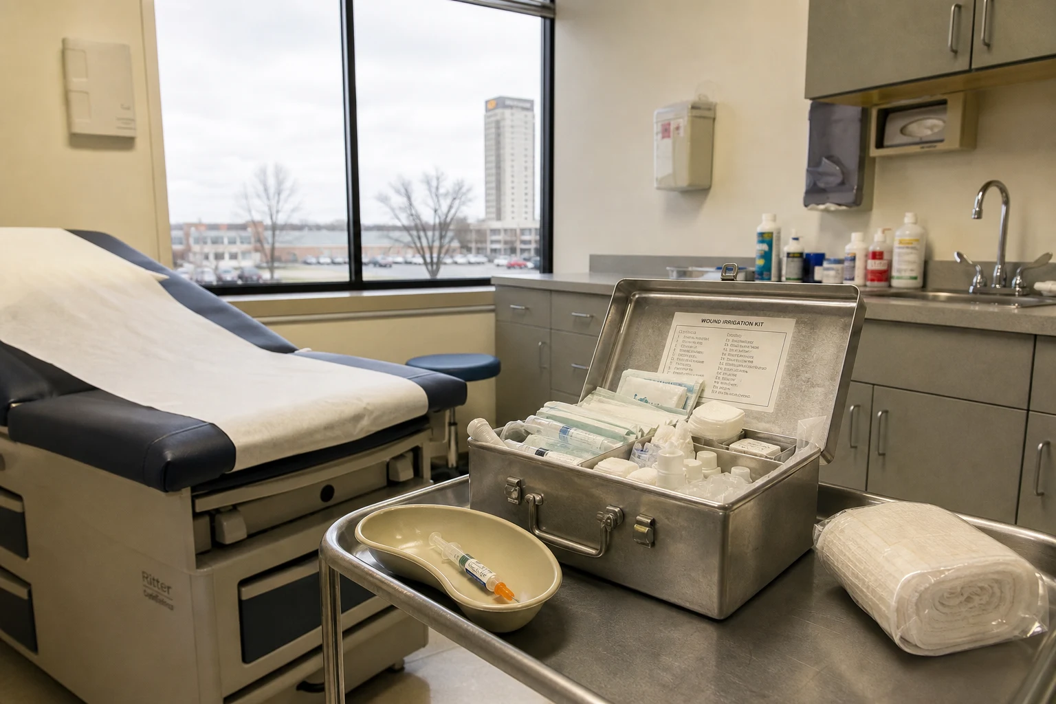 Empty Fort Wayne urgent care exam room with a wound-irrigation kit, tetanus syringe in a kidney basin, antiseptic bottles, and gauze — the medical response to every Indiana dog-bite case and the foundation of every dog-bite damages claim.