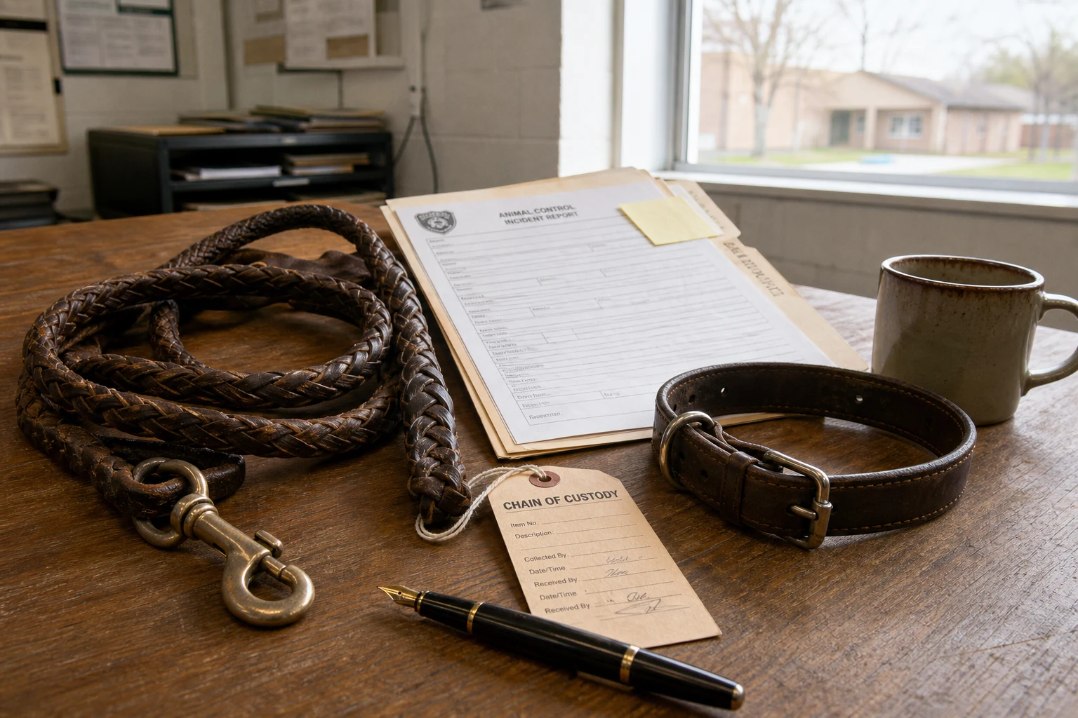 Animal Control incident folder on a Fort Wayne attorney's wooden desk with a leather leash, collar, chain-of-custody tag, and printed report — the evidence package an Indiana dog-bite lawyer builds in every case.