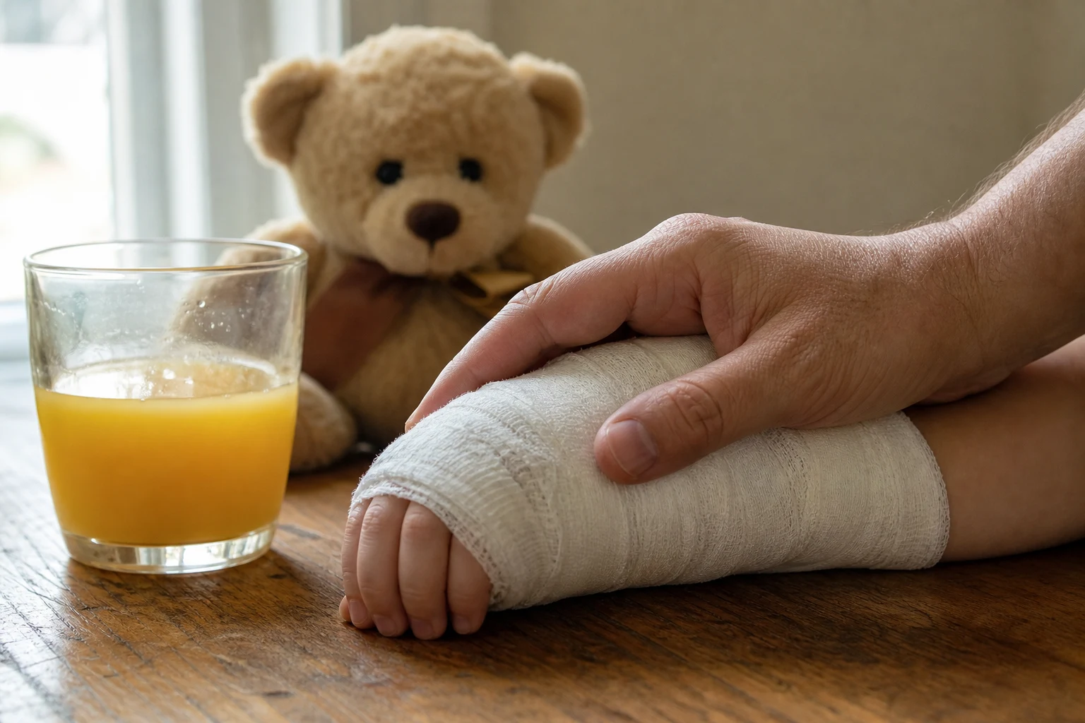 Small child's hand wrapped in white gauze bandages, gently held by a parent on a kitchen table — the lifelong injuries behind every Indiana child dog-bite case our Fort Wayne dog bite attorneys handle.