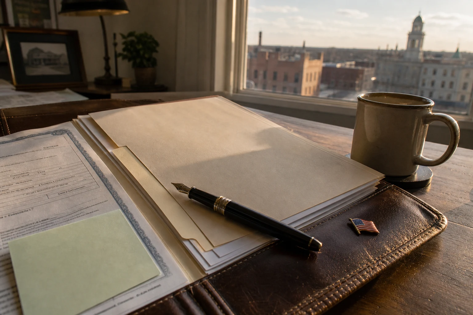 Fort Wayne dog bite attorney desk with an open case-file portfolio, an Indiana homeowner's insurance declaration page, a fountain pen, and an American flag pin — the policy review that opens every Allen County dog-bite claim.