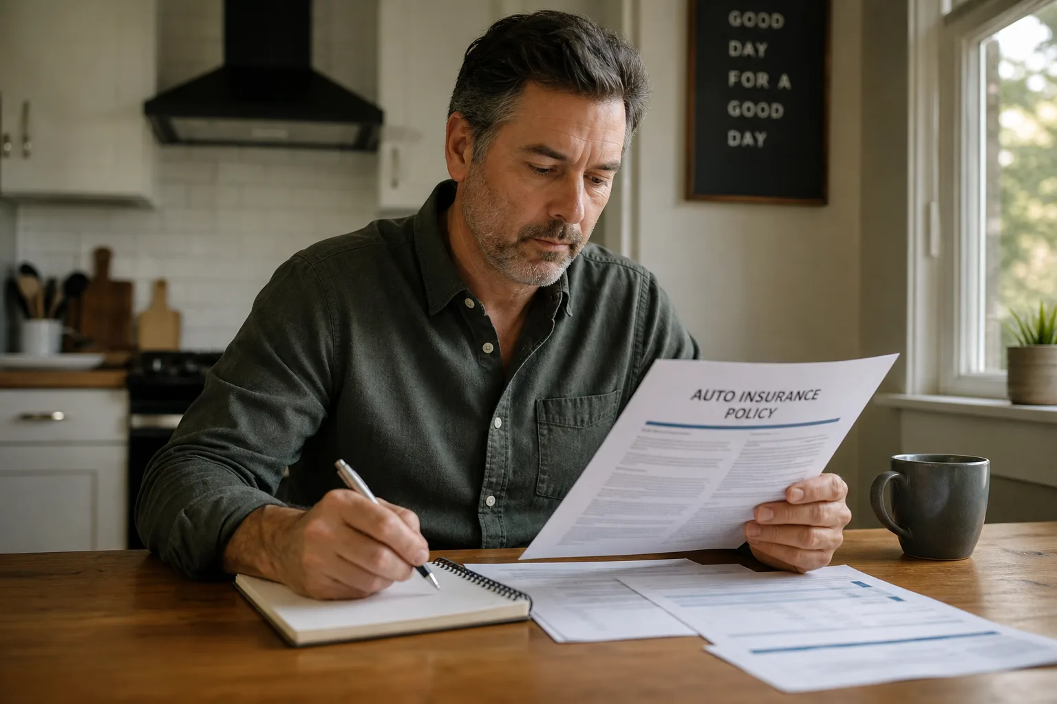 Driver reviewing an auto insurance policy at a kitchen table after a crash