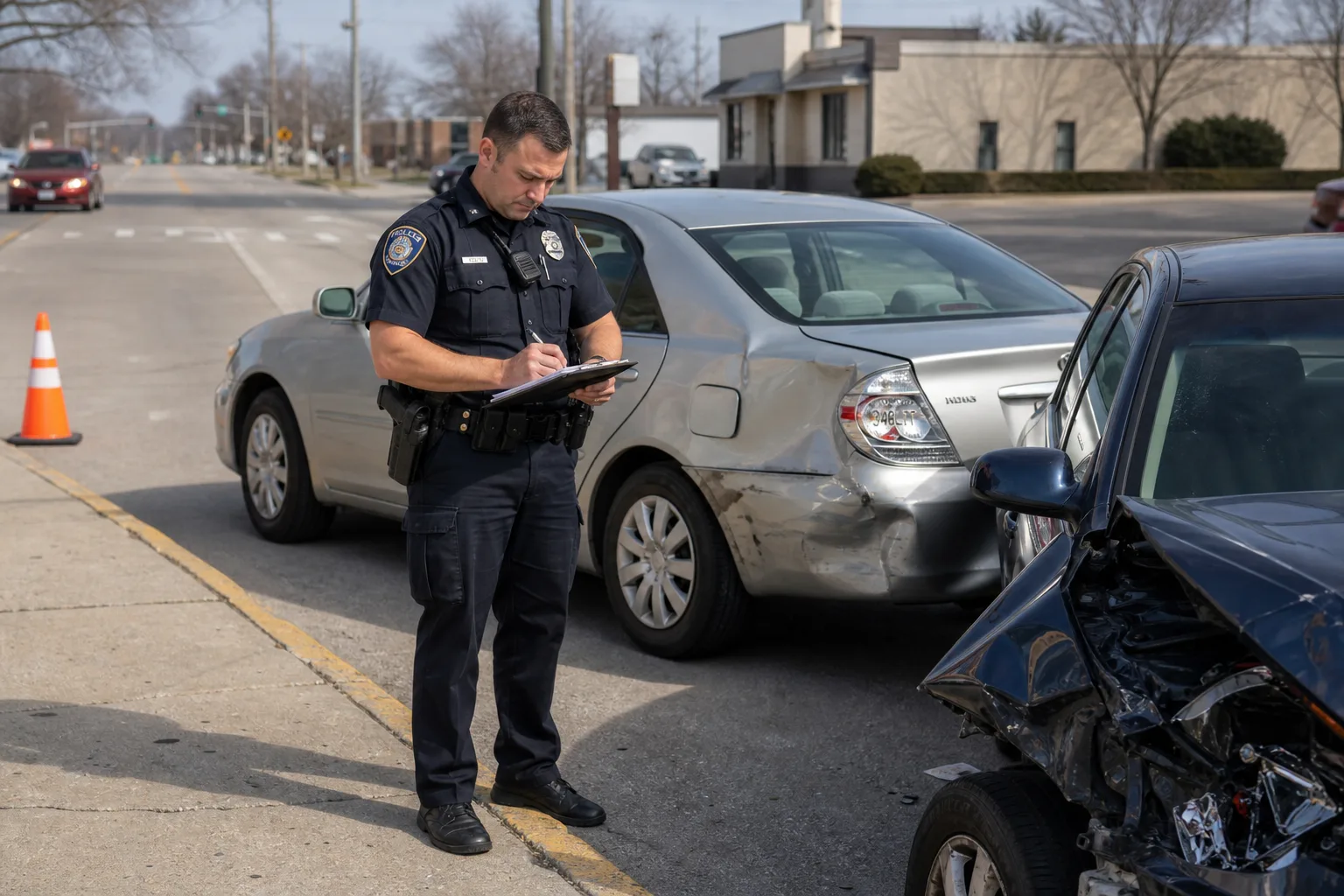 An officer completes a crash report next to two vehicles after an Indiana accident