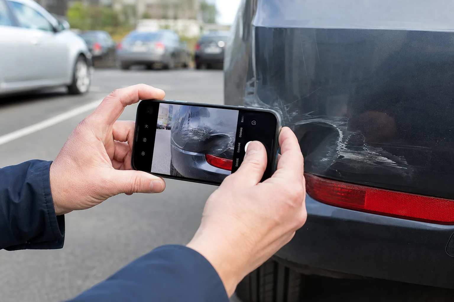 A person photographs vehicle damage with a smartphone to document a claim