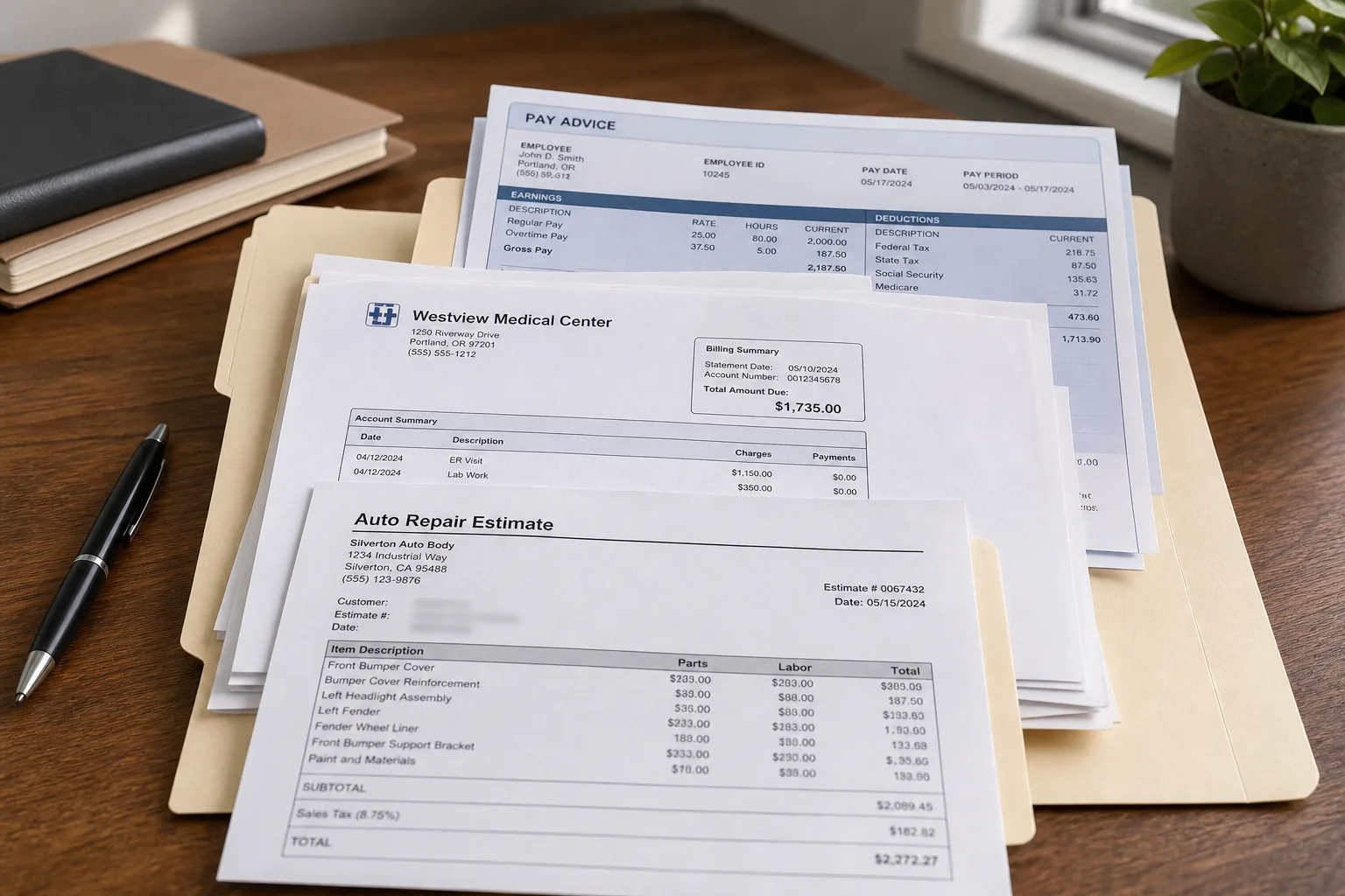 Medical bills, pay stubs, and a repair estimate organized to document accident damages