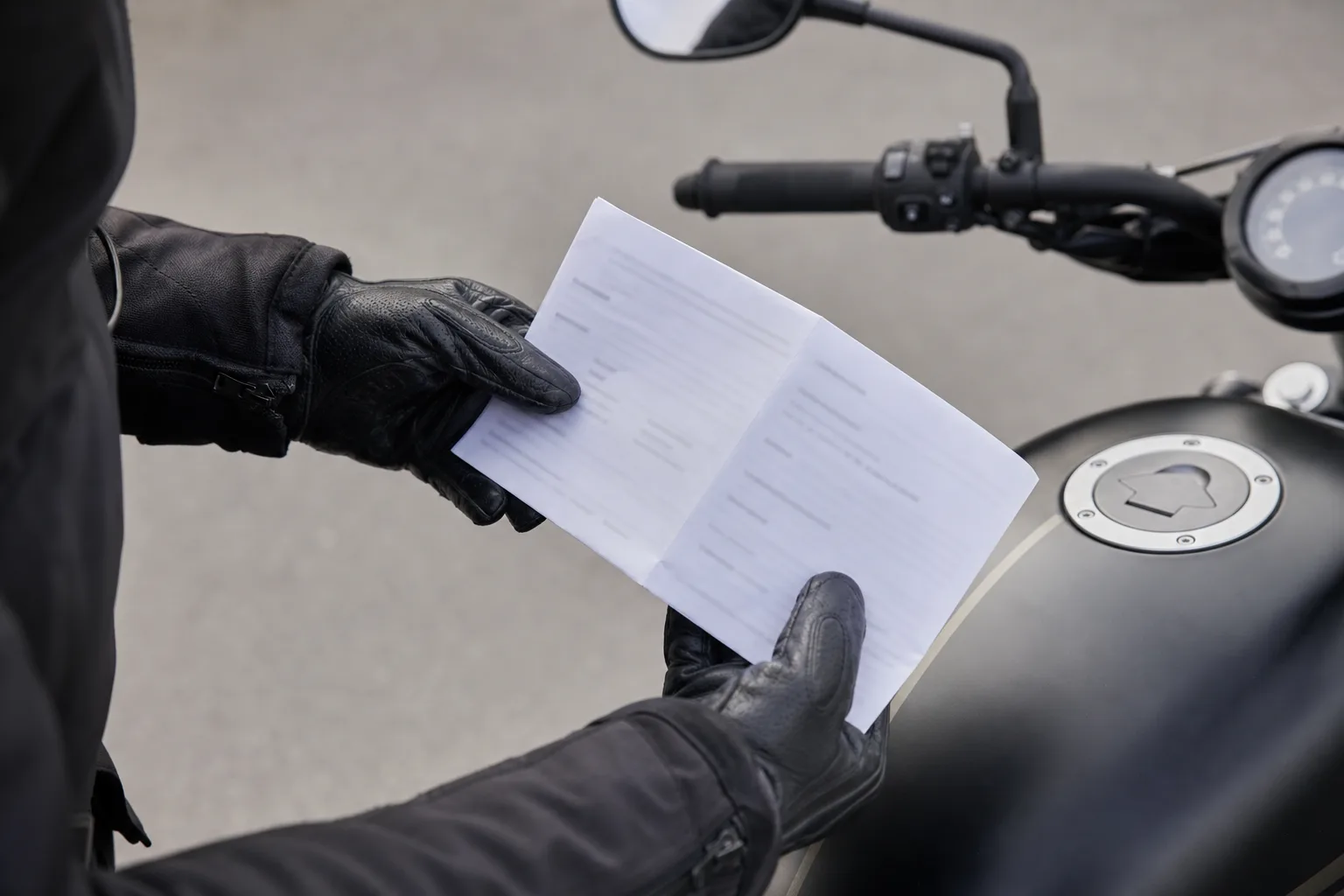 A motorcycle rider holding an insurance policy document next to a bike