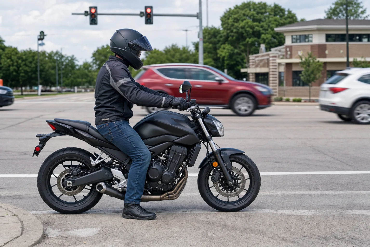 A geared-up motorcyclist stopped at an intersection checking for traffic