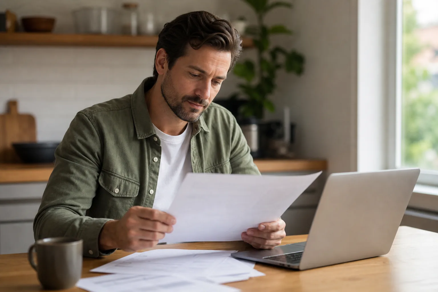 A person reviewing insurance paperwork at a kitchen table after a crash