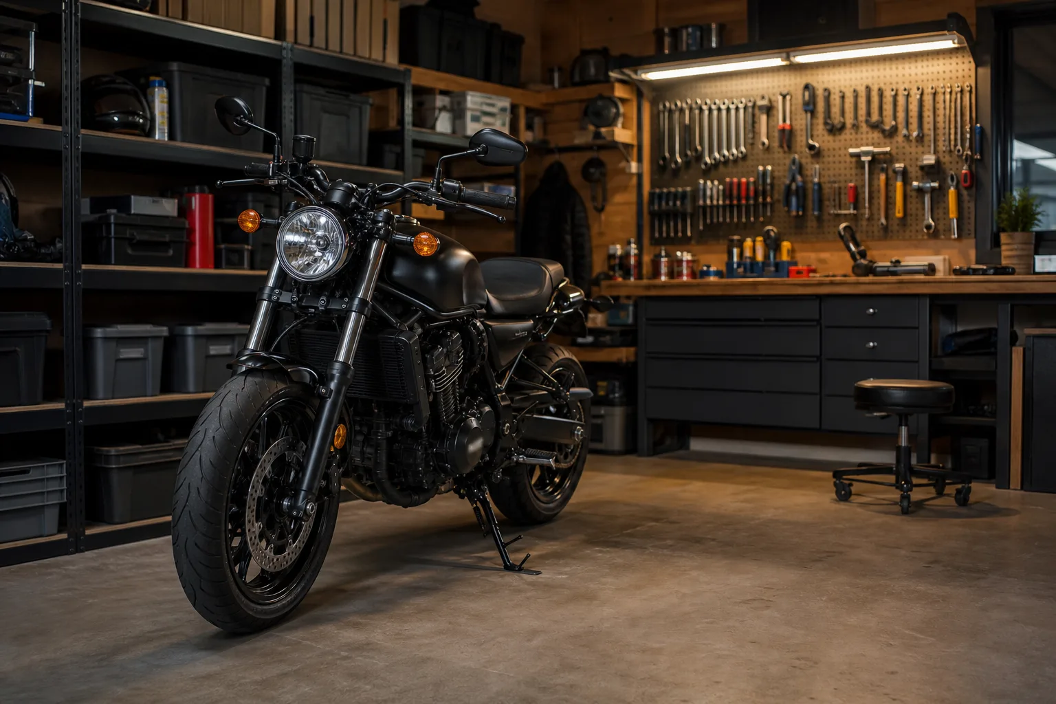 A motorcycle parked in a tidy home garage