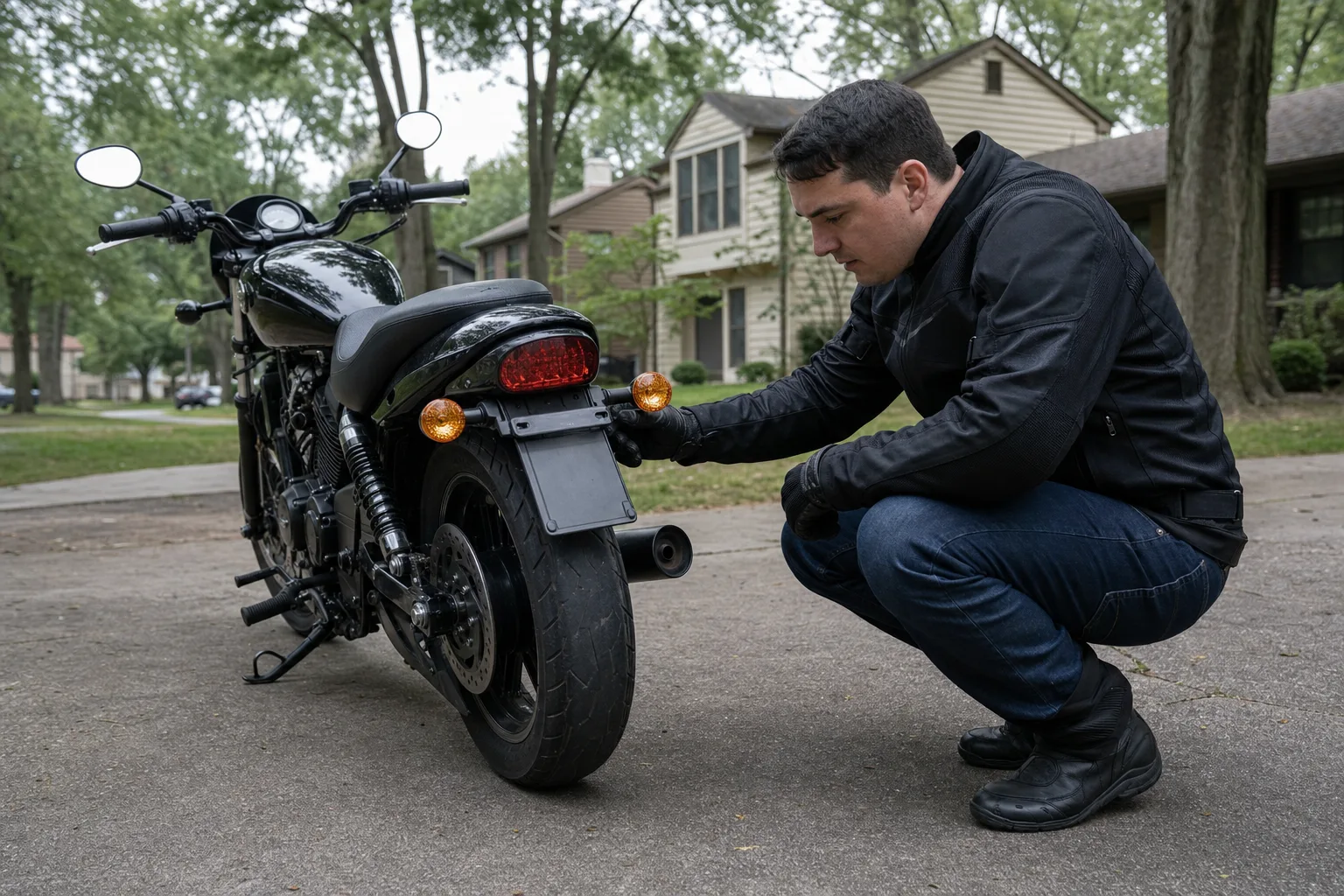 Motorcyclist inspecting lights and equipment before riding in a Fort Wayne neighborhood