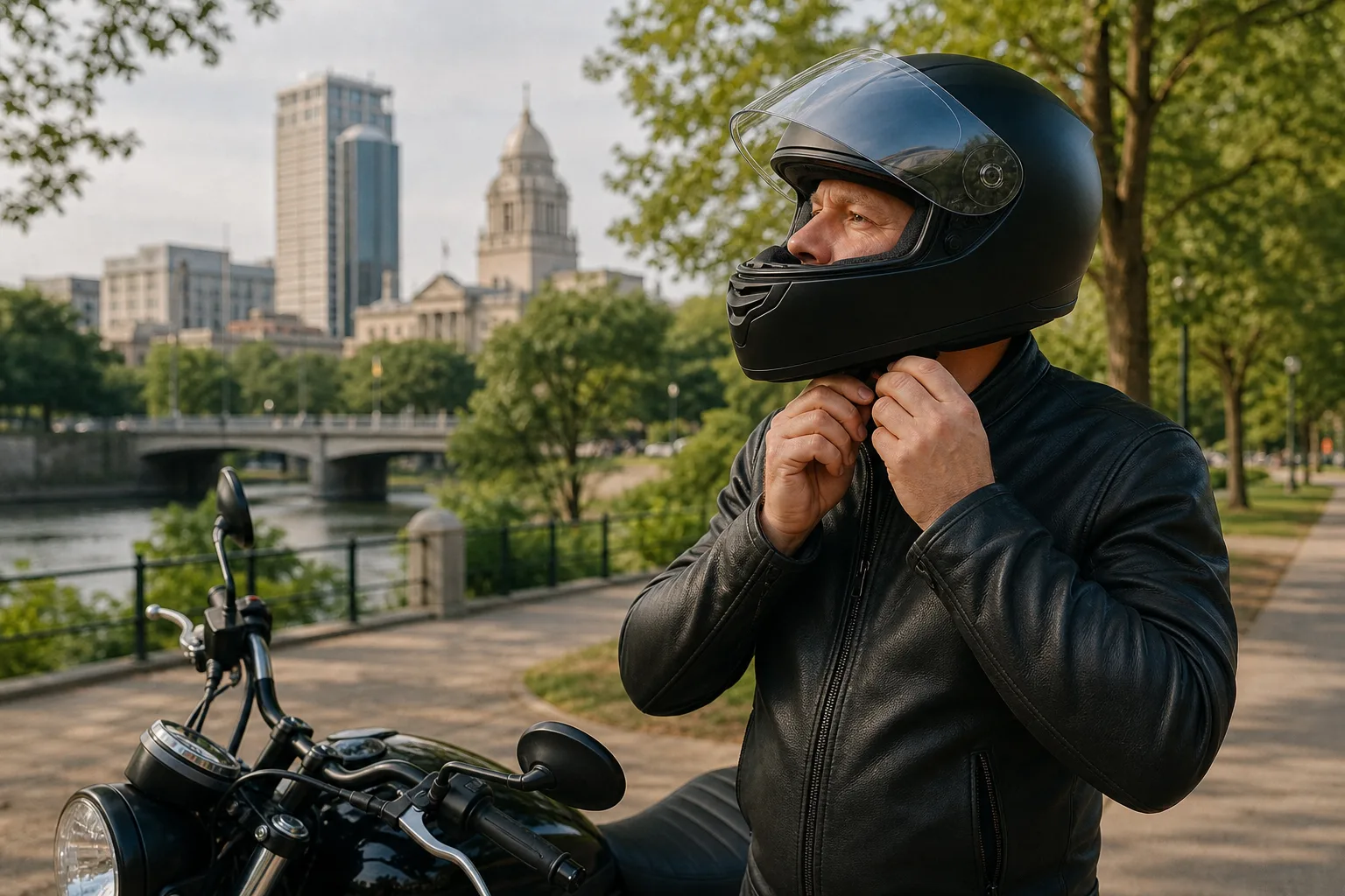 Motorcyclist fastening a helmet and eye protection near downtown Fort Wayne