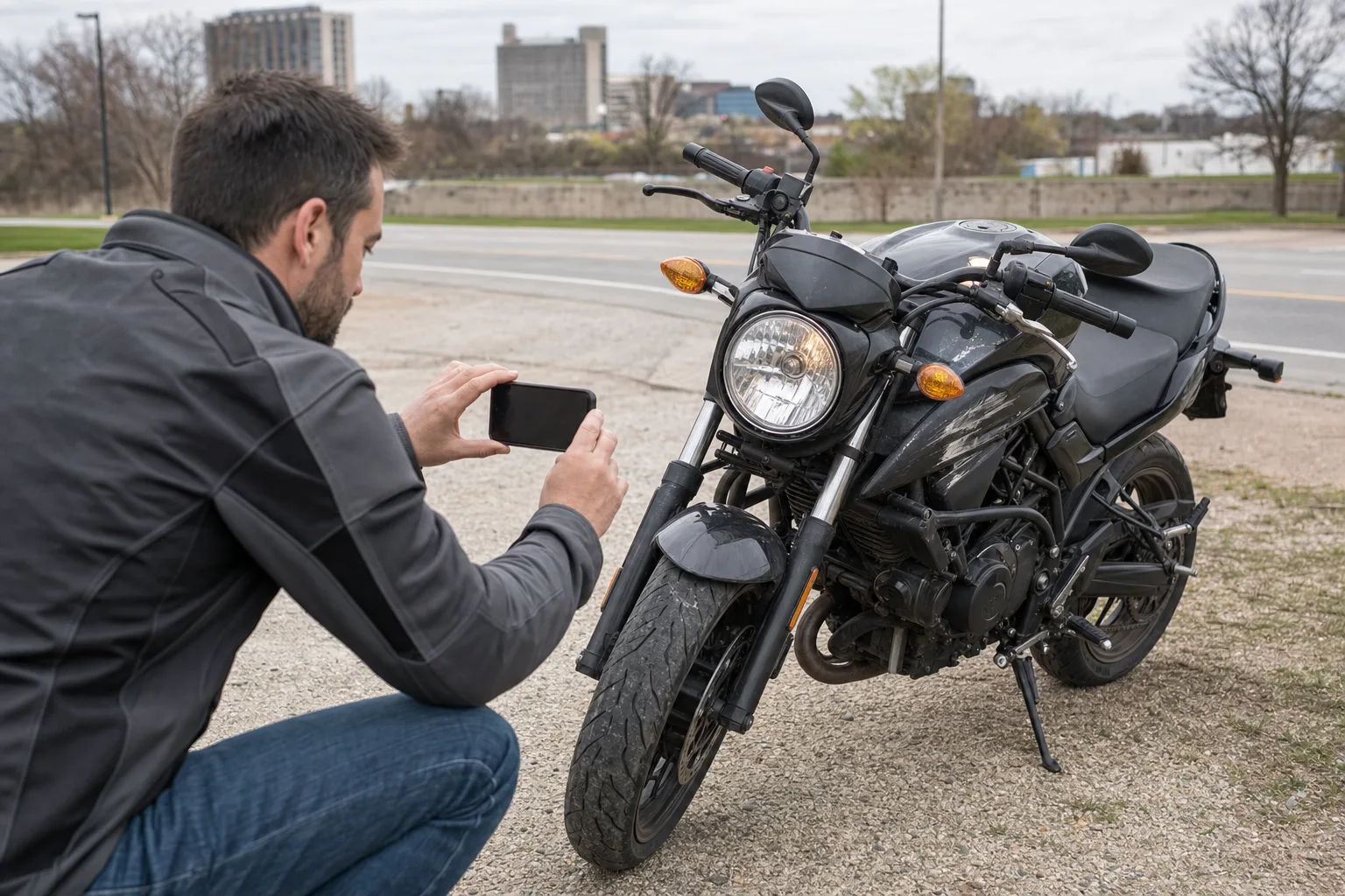 Rider photographing motorcycle lighting and property damage evidence after a Fort Wayne incident