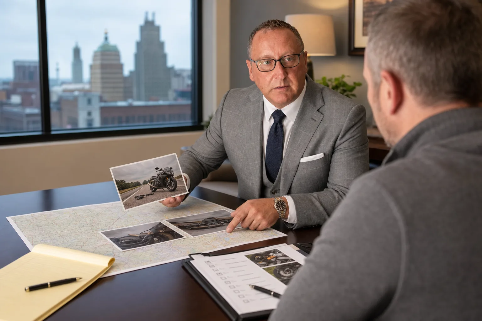 Attorney Chad Delventhal reviewing motorcycle photographs and evidence with a client in Fort Wayne