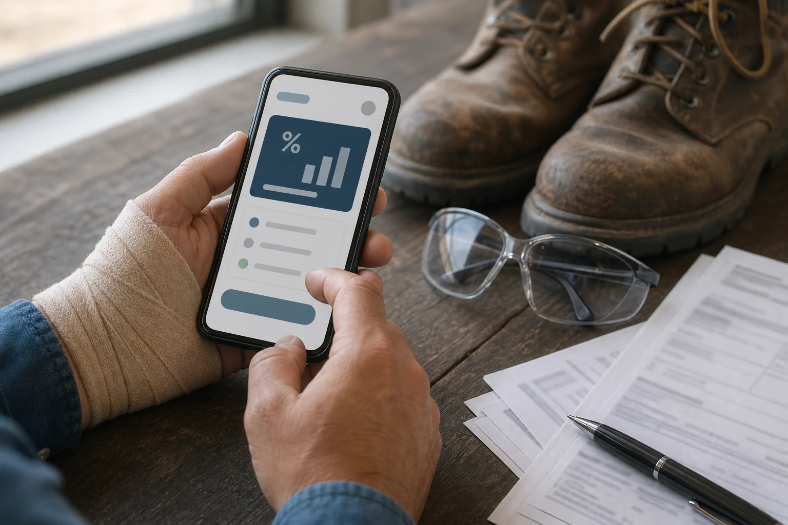 Injured Indiana worker using a phone to review a workers compensation PPI calculator result