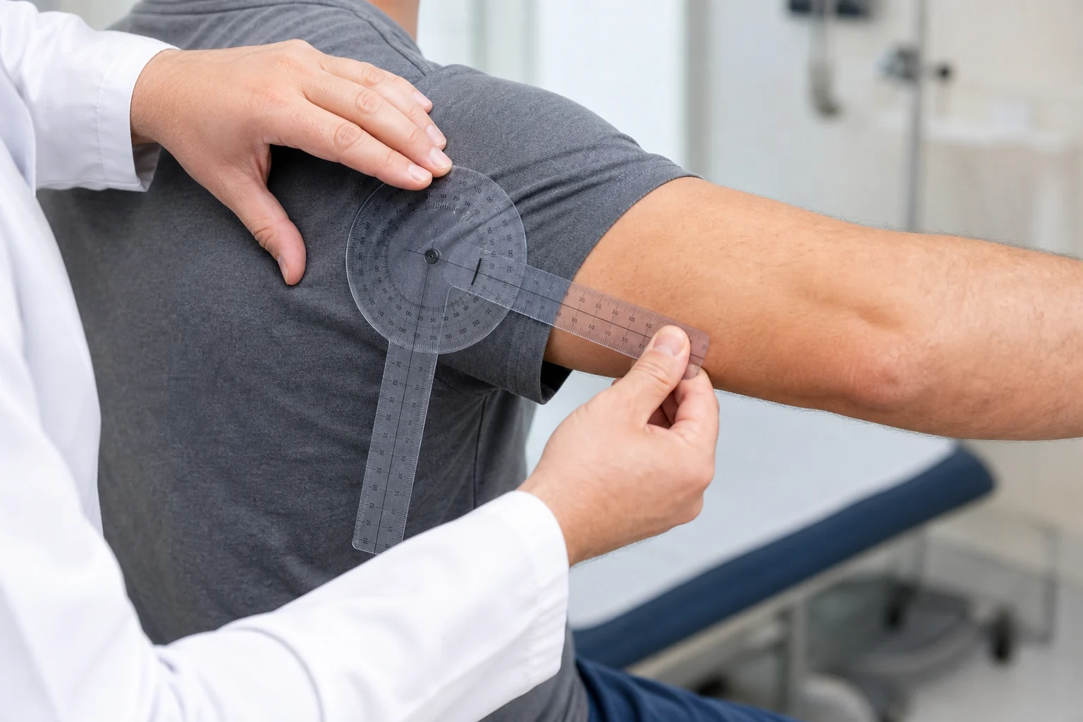 Occupational medicine provider measuring an injured worker's shoulder range of motion for an Indiana PPI rating