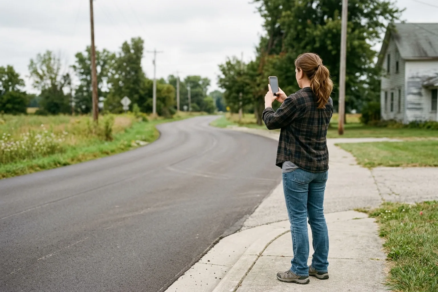 Woman photographing a road from a sidewalk