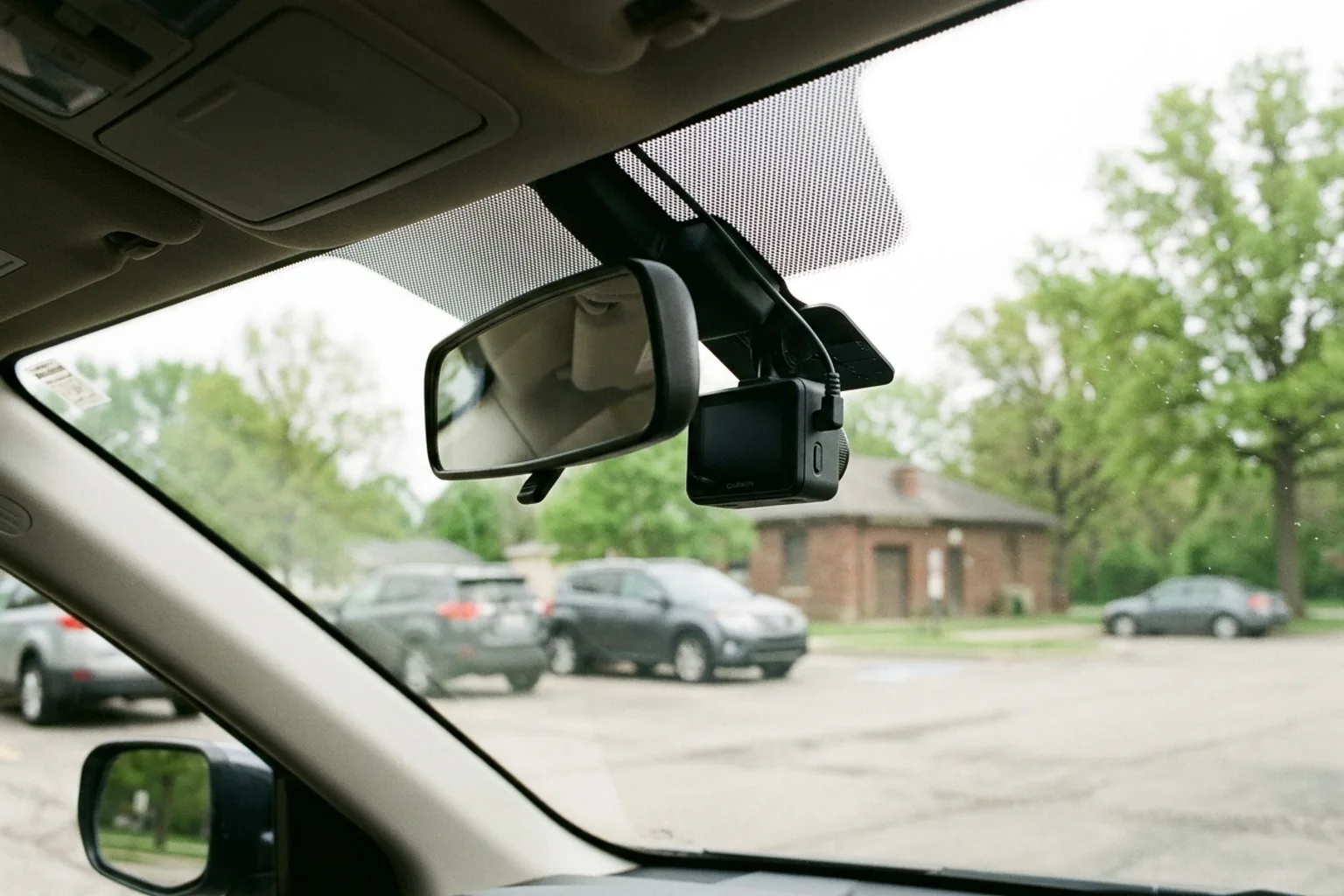 Dash camera mounted inside a parked car