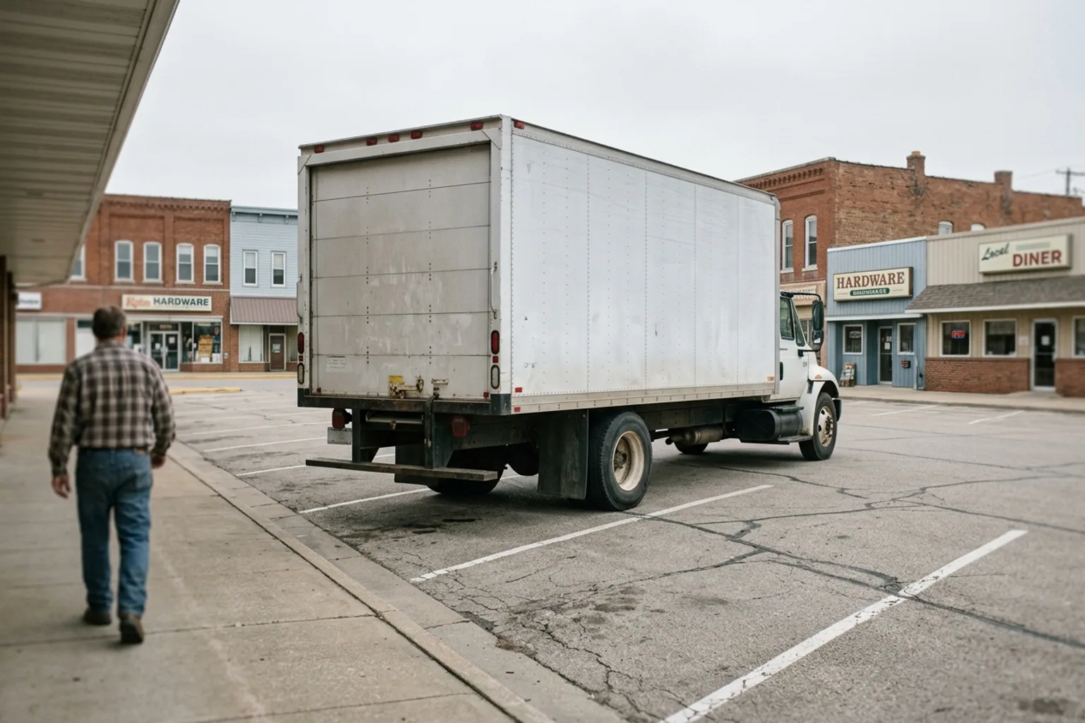 Delivery truck parked in a small-town lot
