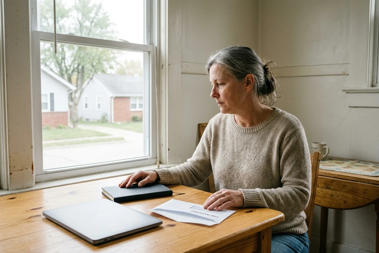 Driver organizing documents at a kitchen table