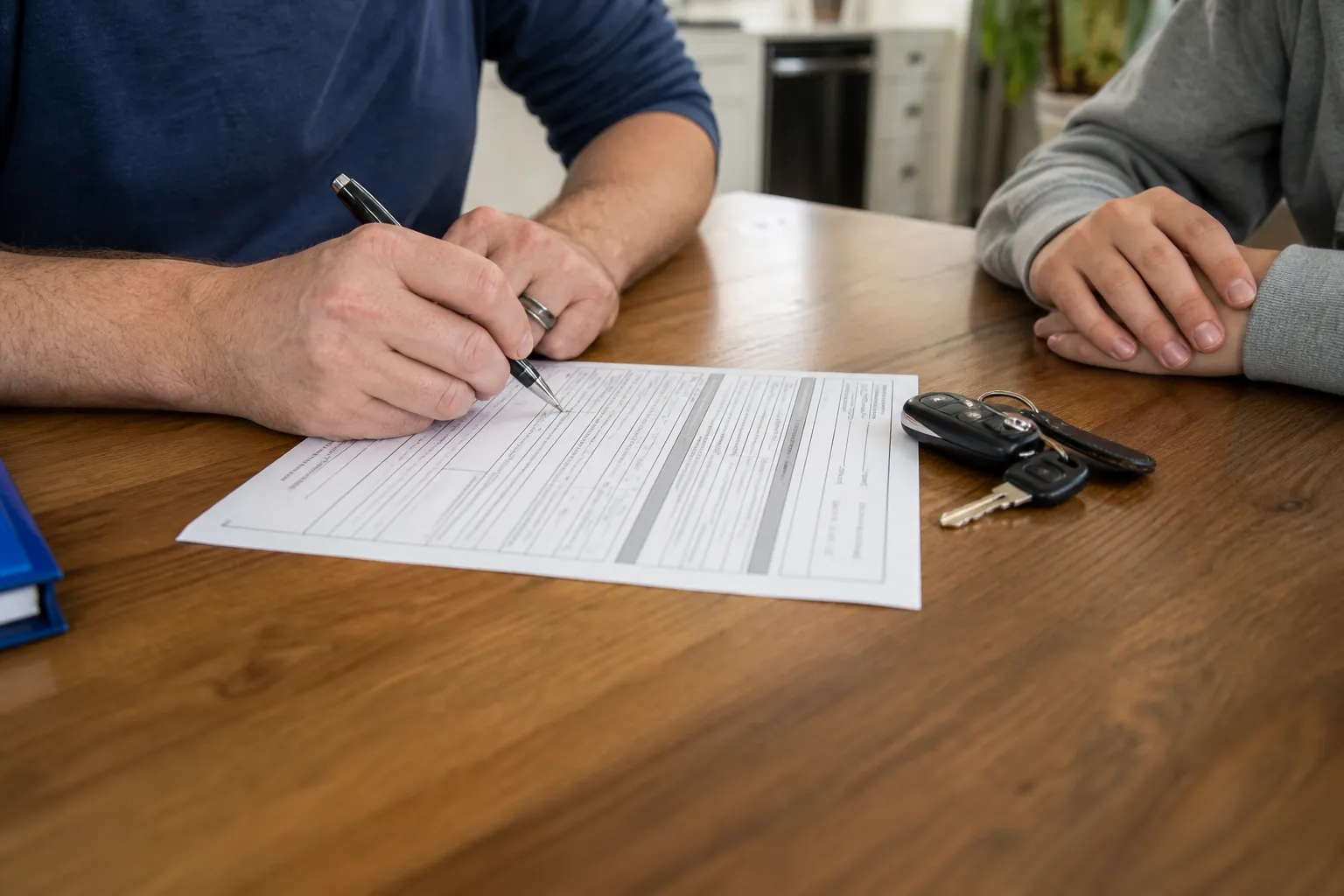 Adult and teenager reviewing Indiana driving paperwork at a kitchen table