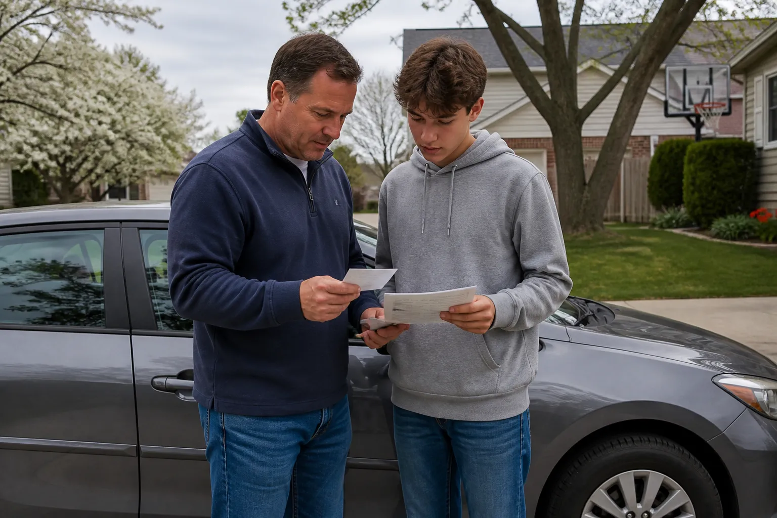 Parent and teen driver reviewing insurance and registration beside a parked Indiana vehicle